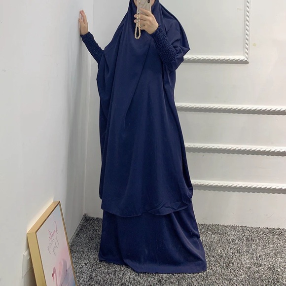 Navy Blue Two Piece Jilbab Set Muslim Woman Prayer Dress - Picture 2 of 3